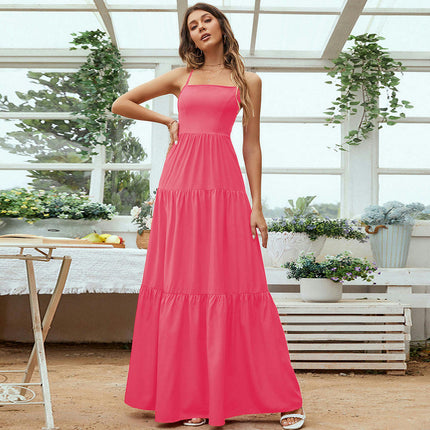 Women's Spaghetti Strap Sleeveless Maxi Dress Backless Lace-Up Tiered Ruffle A Line Party Dress