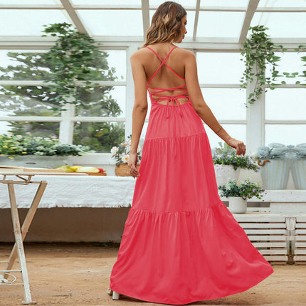 Women's Spaghetti Strap Sleeveless Maxi Dress Backless Lace-Up Tiered Ruffle A Line Party Dress