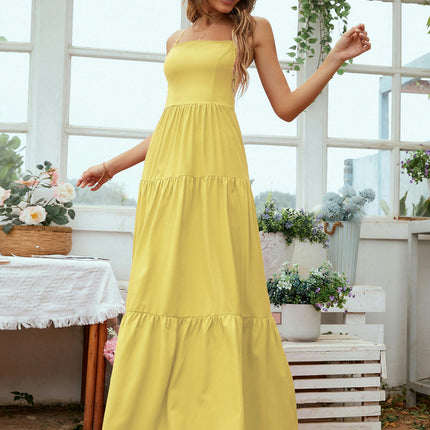 Women's Spaghetti Strap Sleeveless Maxi Dress Backless Lace-Up Tiered Ruffle A Line Party Dress