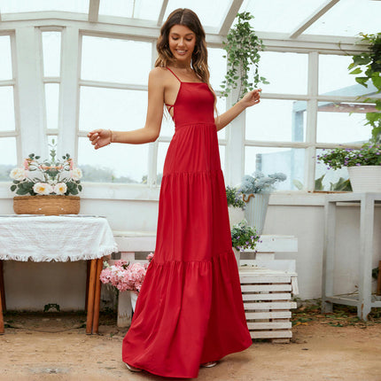 Women's Spaghetti Strap Sleeveless Maxi Dress Backless Lace-Up Tiered Ruffle A Line Party Dress