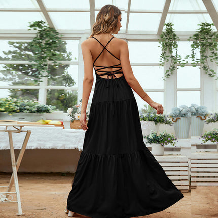 Women's Spaghetti Strap Sleeveless Maxi Dress Backless Lace-Up Tiered Ruffle A Line Party Dress