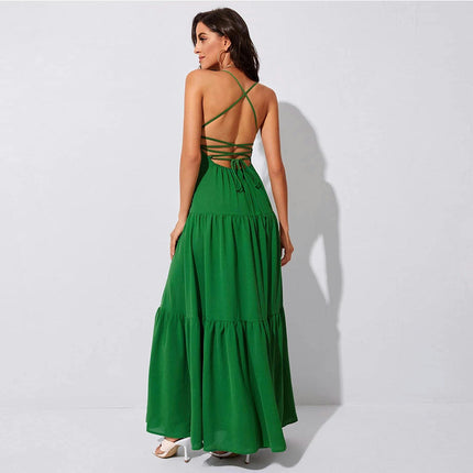 Women's Spaghetti Strap Sleeveless Maxi Dress Backless Lace-Up Tiered Ruffle A Line Party Dress