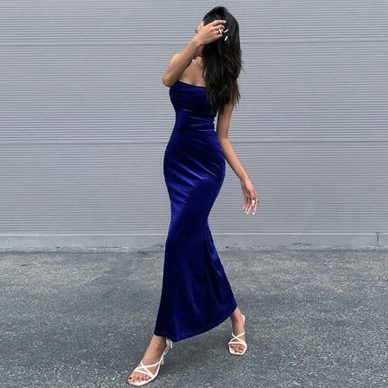 Womens Sleeveless Square Neck Backless Velvet Mermaid Evening Gown Long Prom Party Dresses