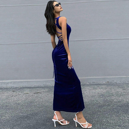 Womens Sleeveless Square Neck Backless Velvet Mermaid Evening Gown Long Prom Party Dresses