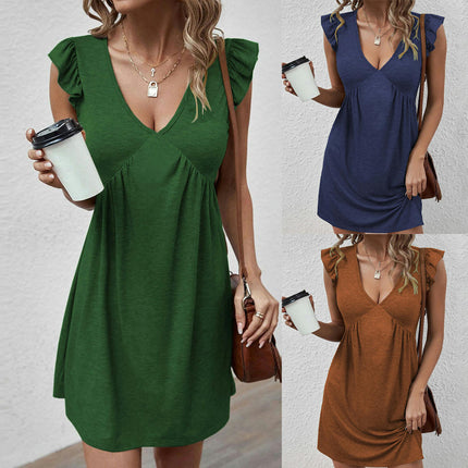 Women's Summer Casual Ruffled Cap Sleeves Mini Dress Deep V Neck A-Line Loose Dresses