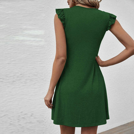 Women's Summer Casual Ruffled Cap Sleeves Mini Dress Deep V Neck A-Line Loose Dresses