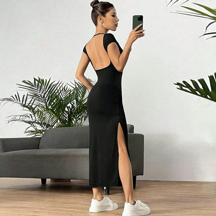 Women's Casual Bodycon Maxi Dress Summer Crew Neck Cap Sleeve Slit Club Party Long Dresses