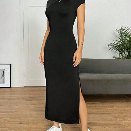 Women's Casual Bodycon Maxi Dress Summer Crew Neck Cap Sleeve Slit Club Party Long Dresses