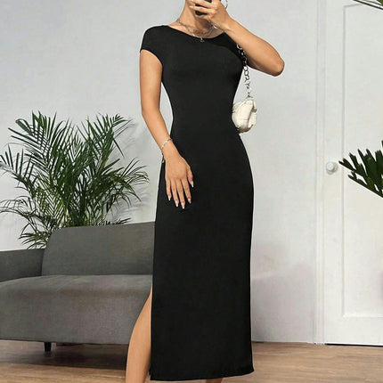 Women's Casual Bodycon Maxi Dress Summer Crew Neck Cap Sleeve Slit Club Party Long Dresses