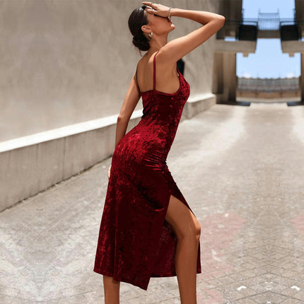 Women's Velvet Spaghetti Strap Midi Dresses Ruched Split Formal Cocktail Party Dresses