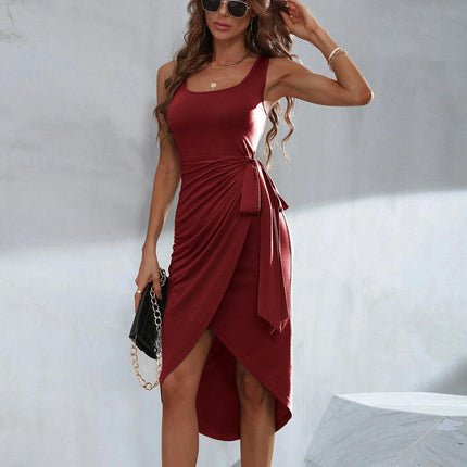 Women's Sleeveless Midi Dress Casual Tie Waist Slit Summer Club Party Tank Dresses