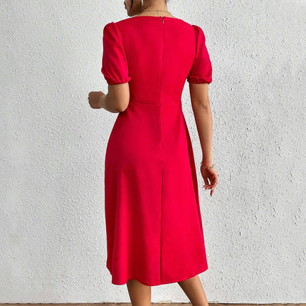 Womens Sweetheart Neck Midi Dress Short Puff Sleeve Side Split Casual Solid Dress