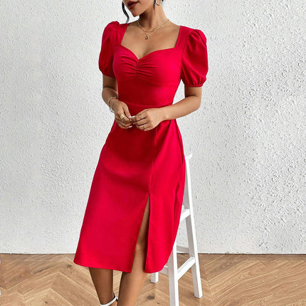 Womens Sweetheart Neck Midi Dress Short Puff Sleeve Side Split Casual Solid Dress