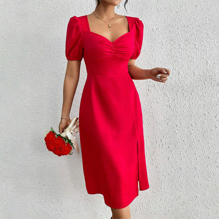 Womens Sweetheart Neck Midi Dress Short Puff Sleeve Side Split Casual Solid Dress
