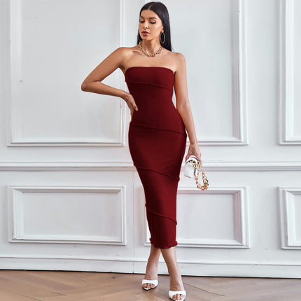 Women's Summer Midi Bodycon Dresses Strapless Tube Top Party Club Dress