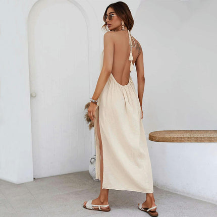Women's Summer Dress Halter Sleeveless High Split Casual Backless Dress Long Beach Sundress