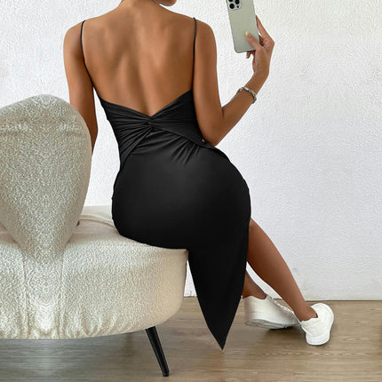 Women's Spaghetti Strap Sexy Dress Ruched Bodycon Backless Split Midi Dresses