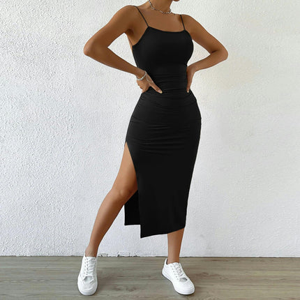 Women's Spaghetti Strap Sexy Dress Ruched Bodycon Backless Split Midi Dresses