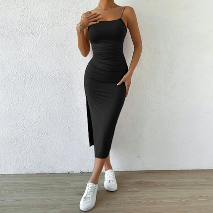 Women's Spaghetti Strap Sexy Dress Ruched Bodycon Backless Split Midi Dresses