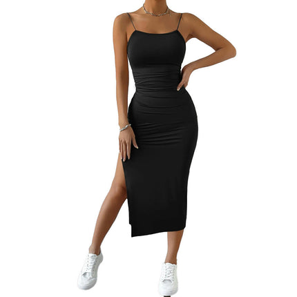 Women's Spaghetti Strap Sexy Dress Ruched Bodycon Backless Split Midi Dresses