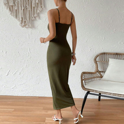 Women's Summer Spaghetti Strap Bodycon Dresses Casual Twist Front Slit Sleeveless Long Dress