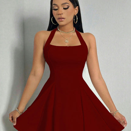 Womens Sexy Sleeveless Bodycon Mini Dress Summer Halter Neck Backless Ruffle A Line Dresses