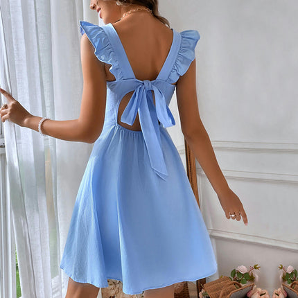 Womens Summer Casual Ruffled Cap Sleeves Square Neck Backless A Line Boho Mini Dress