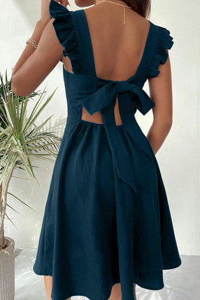 Womens Summer Casual Ruffled Cap Sleeves Square Neck Backless A Line Boho Mini Dress