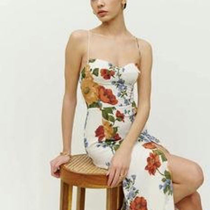 Womens Sexy Spaghetti Straps Split Sweetheart Neck Floral Print Midi Dresses