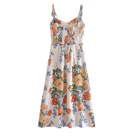 Womens Sexy Spaghetti Straps Split Sweetheart Neck Floral Print Midi Dresses