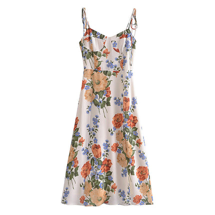 Womens Sexy Spaghetti Straps Split Sweetheart Neck Floral Print Midi Dresses