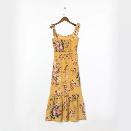 Women's Floral Spaghetti Strap Maxi Dress Sleeveless Bodycon Ruched Ruffle Hem Long Dresses