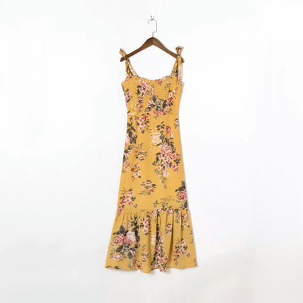 Women's Floral Spaghetti Strap Maxi Dress Sleeveless Bodycon Ruched Ruffle Hem Long Dresses