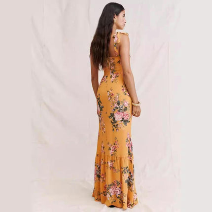 Women's Floral Spaghetti Strap Maxi Dress Sleeveless Bodycon Ruched Ruffle Hem Long Dresses