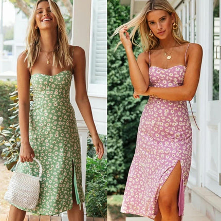 Womens Summer Spaghetti Straps Floral Dress Strap Tie Split Hem Midi Dresses