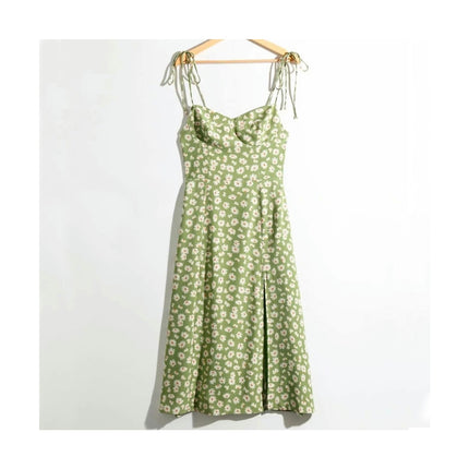 Womens Summer Spaghetti Straps Floral Dress Strap Tie Split Hem Midi Dresses