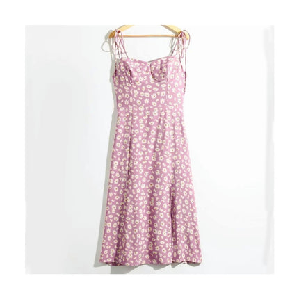 Womens Summer Spaghetti Straps Floral Dress Strap Tie Split Hem Midi Dresses