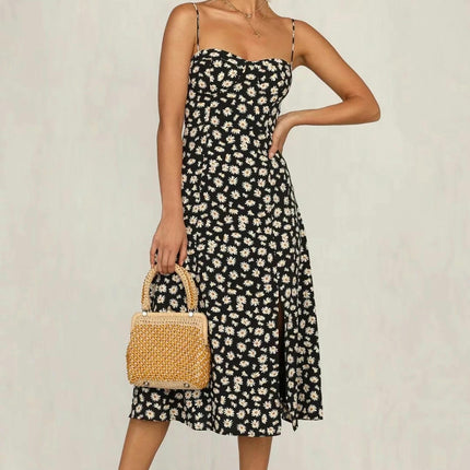 Womens Summer Spaghetti Straps Floral Dress Strap Tie Split Hem Midi Dresses