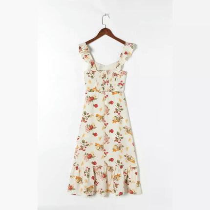 Women Floral Summer Ruffle Straps Sleeveless Boho Flowy Midi Split A Line Casual Dress