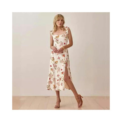 Women Floral Summer Ruffle Straps Sleeveless Boho Flowy Midi Split A Line Casual Dress