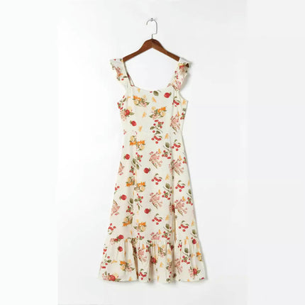 Women Floral Summer Ruffle Straps Sleeveless Boho Flowy Midi Split A Line Casual Dress