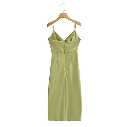 Women Satin Summer Spaghetti Straps Sleeveless Midi Split A Line Twist Front Dress