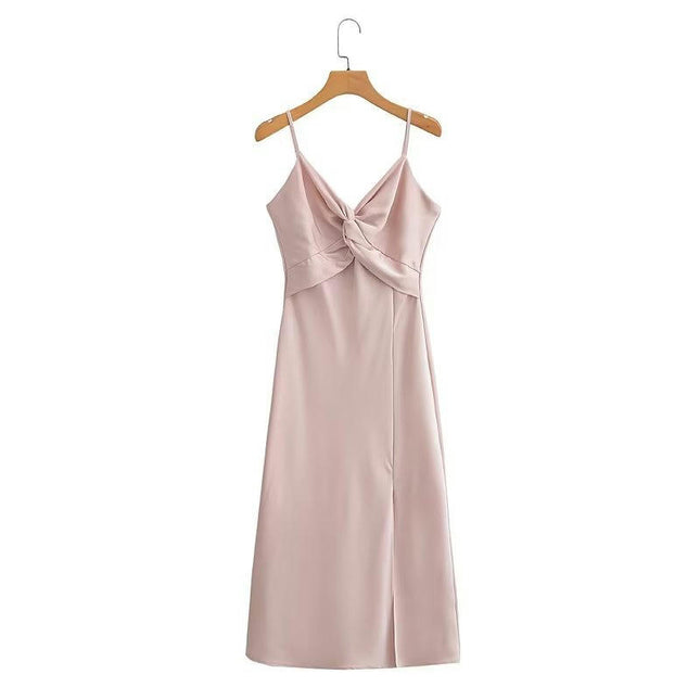 Women Satin Summer Spaghetti Straps Sleeveless Midi Split A Line Twist Front Dress