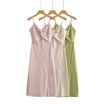 Women Satin Summer Spaghetti Straps Sleeveless Midi Split A Line Twist Front Dress