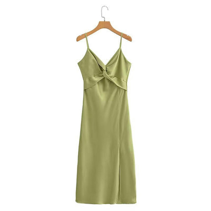 Women Satin Summer Spaghetti Straps Sleeveless Midi Split A Line Twist Front Dress