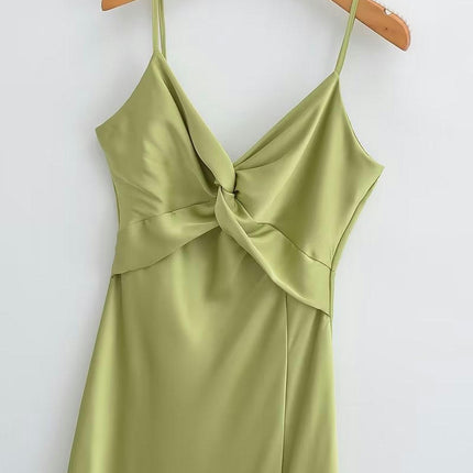 Women Satin Summer Spaghetti Straps Sleeveless Midi Split A Line Twist Front Dress