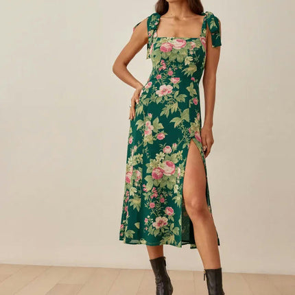 Women's Floral Boho Dress Summer Strap Tie Square Neck Split Midi Dress