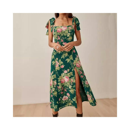 Women's Floral Boho Dress Summer Strap Tie Square Neck Split Midi Dress