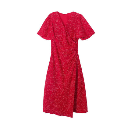 Womens Summer Casual Short Sleeve V Neck Ruched Split Midi Dresses