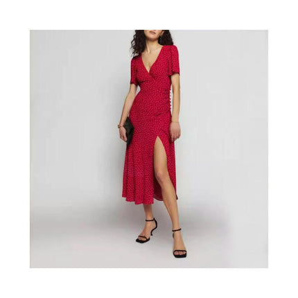 Womens Summer Casual Short Sleeve V Neck Ruched Split Midi Dresses